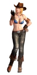 Rule 34 | 1girl, 3d, absurdres, blonde hair, blue eyes, boots, bra, breasts, cowboy, cowboy hat, cowboy western, dead or alive, dead or alive 5, denim, female focus, fringe trim, full body, gloves, hat, highres, jeans, jewelry, necklace, official art, pants, short hair, simple background, solo, tecmo, tina armstrong, transparent background, underwear, western