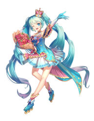 Rule 34 | 1girl, ;d, absurdres, arm up, blue eyes, blue gloves, blue hair, bouquet, clothing cutout, crown, elbow gloves, floating hair, flower, full body, gloves, gradient hair, guozi li, hatsune miku, head tilt, highres, holding, holding bouquet, long hair, mini crown, miniskirt, multicolored hair, musical note, musical note print, one eye closed, open mouth, pink hair, print skirt, red flower, red rose, rose, shoulder cutout, skirt, smile, solo, staff (music), two-tone hair, very long hair, vocaloid