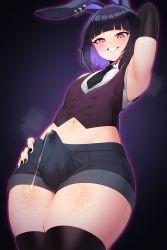 Rule 34 | 1boy, absurdres, animal ears, arm behind head, arm up, armpits, black background, black gloves, black hair, black nails, black necktie, black thighhighs, blush, bob cut, body freckles, bulge, collared shirt, commentary, commission, covered penis, cum, cum in clothes, cum on clothes, cum string, cum through clothes, denim, denim shorts, ear piercing, elbow gloves, english commentary, erection, erection under clothes, freckles, gloves, hand on own hip, highres, in (ain), male focus, midriff, mole, mole under mouth, multicolored hair, nail polish, navel, necktie, open mouth, original, piercing, pink eyes, purple background, purple hair, rabbit boy, rabbit ears, red eyes, ringed eyes, shirt, shorts, simple background, sleeveless, sleeveless shirt, smile, solo, steaming body, thick thighs, thighhighs, thighs, trap, two-tone hair, vest, white shirt