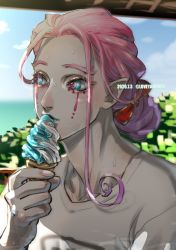 Rule 34 | 1boy, alternate costume, alternate hairstyle, bench, blue eyes, blue lips, bush, casual, collarbone, colored skin, curly hair, dated, eating, fate/grand order, fate (series), food, hair bun, hair ribbon, highres, ice cream, ice cream cone, lipstick, long hair, looking to the side, loveyama, makeup, mephistopheles (fate), multicolored eyes, ocean, pointy ears, purple eyes, purple hair, ribbon, shirt, single hair bun, sky, sweat, teardrop, thick eyebrows, white shirt, white skin