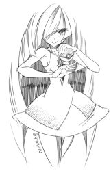 Rule 34 | 10s, 1girl, :&gt;, bare arms, blunt bangs, closed mouth, creatures (company), dress, female focus, game freak, greyscale, hair over one eye, holding, holding poke ball, long hair, lusamine (pokemon), mature female, monochrome, nintendo, poke ball, pokemon, pokemon sm, simple background, smile, solo, twitter username, very long hair, vinhnyu, white background
