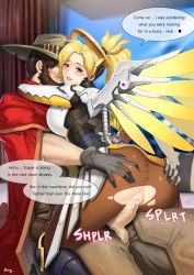 Rule 34 | 1boy, 1girl, absurdres, ah-lyong lee, blonde hair, blue eyes, cassidy (overwatch), clothed sex, crotch cutout, cum, cum in pussy, gloves, halo, hat, hetero, highres, mechanical halo, mechanical wings, mercy (overwatch), overwatch, overwatch 1, pantyhose, parted lips, penis, pussy, sex, speech bubble, testicles, torn clothes, torn legwear, uncensored, wings