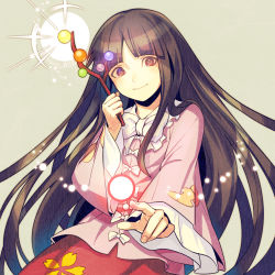 Rule 34 | 1girl, artist name, banned artist, black hair, bow, bowtie, branch, closed mouth, commentary request, danmaku, fingernails, floral print, grey background, highres, holding, holding branch, houraisan kaguya, jeweled branch of hourai, long hair, long sleeves, looking at viewer, pink shirt, red eyes, red skirt, shirt, simple background, skirt, smile, solo, touhou, upper body, very long hair, white bow, white bowtie, wide sleeves, yuge mugito