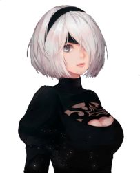 Rule 34 | 1girl, artist request, black blindfold, black dress, black hairband, blindfold, blue eyes, cleavage cutout, clothing cutout, dress, feather-trimmed sleeves, hairband, juliet sleeves, long sleeves, looking at viewer, nier:automata, nier (series), non-web source, puffy sleeves, resolution mismatch, short hair, simple background, solo, source larger, source request, transparent background, two-sided dress, two-sided fabric, upper body, white background, white hair, 2b (nier:automata)