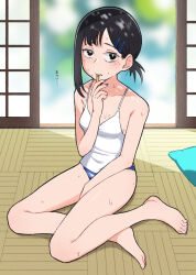 Rule 34 | 1girl, black hair, breasts, camisole, chainsaw man, collarbone, hair ornament, hairclip, higashiyama kobeni, highres, looking at viewer, mole, mole under eye, mole under mouth, multiple moles, nekonbini, on floor, panties, popsicle stick, short hair, short ponytail, single sidelock, small breasts, solo, striped clothes, striped panties, sweat, swept bangs, underwear, white camisole
