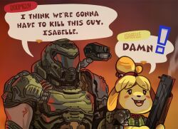 Rule 34 | 1boy, 1girl, :d, ami-dark, animal crossing, animal ears, armor, assault visor, bell, blonde hair, blush stickers, character name, commentary, crossover, dog ears, dog girl, dog nose, doom (series), doom eternal, doomguy, english commentary, english text, furry, furry female, gradient background, green armor, green shirt, gun, hair bell, hair ornament, hair tie, hand on another&#039;s shoulder, holding, holding gun, holding weapon, i think we&#039;re gonna have to kill this guy steven (meme), isabelle (animal crossing), meme, neck ribbon, nintendo, open mouth, orange background, praetor suit, red ribbon, ribbon, shirt, short hair, shotgun, shoulder cannon, simple background, smile, smoke, smoking barrel, topknot, upper body, veins, weapon, yellow fur