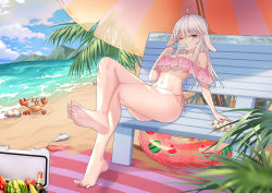 Rule 34 | 1girl, ahoge, aluo 7762, animal ears, barefoot, beach, beach towel, bikini, blue eyes, bottle, breasts, chinese commentary, cloud, commentary request, cooler, crab, crossed legs, day, eating, feet, food, food on body, fruit, full body, holding, holding food, innertube, large breasts, leaf, long hair, looking at viewer, mole, mole under eye, navel, ocean, off-shoulder bikini, off shoulder, one eye closed, original, outdoors, palm leaf, pink bikini, popsicle, rabbit, sandals, seashell, shell, side-tie bikini bottom, sitting, soles, solo, stomach, swim ring, swimsuit, toes, towel, underboob, unworn sandals, water, watermelon, white hair