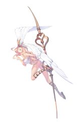 Rule 34 | 1girl, absurdres, armpit crease, bare shoulders, blonde hair, blue eyes, breasts, cacaco, fantasy, feathered wings, grey background, head wings, heart, highres, holding, holding weapon, large breasts, long hair, open mouth, original, pink lips, simple background, solo, toeless footwear, toenails, weapon, wings