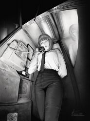 Rule 34 | 1girl, absurdres, black necktie, black pants, business suit, chainsaw man, collared shirt, formal, high-waist pants, highres, holding, holding phone, legs together, long hair, long sleeves, looking at viewer, makima (chainsaw man), marvin (omarvin), monochrome, necktie, office lady, pants, payphone, phone, phone booth, ringed eyes, shirt, shirt tucked in, sidelocks, solo, standing, suit, white shirt
