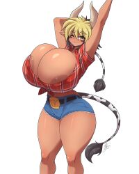 Rule 34 | 1girl, areola slip, black hair, blonde hair, breasts, bursting breasts, cathyl, cleavage, closed mouth, cowboy shot, crop top, denim, denim shorts, gigantic breasts, highres, horns, looking at viewer, monster girl, monster musume no iru nichijou, multicolored hair, one eye closed, ryou sakai, shiny skin, short hair, shorts, simple background, smile, solo, standing, tail, tan, two-tone hair, white background, wink, yellow eyes