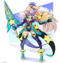 Rule 34 | 1girl, adapted costume, bodysuit, breasts, center opening, cleavage, cosplay, crown, earrings, elbow gloves, full body, gloves, hair over one eye, highres, holding, holding sword, holding weapon, jewelry, large breasts, long hair, mario (series), mythra (xenoblade), mythra (xenoblade) (cosplay), nintendo, oomasa teikoku, rosalina, smile, standing, sword, thighhighs, very long hair, weapon, xenoblade chronicles (series), xenoblade chronicles 2