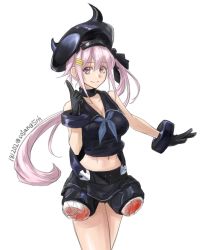 Rule 34 | 1girl, abyssal ship, bandages, black gloves, black shirt, blue hair, commentary request, cosplay, cowboy shot, crop top, dated, destroyer hime (cosplay), destroyer princess, fake blood, flower, gloves, gradient hair, hair flower, hair ornament, harusame (kancolle), hat, headgear, highres, horns, index finger raised, kantai collection, long hair, midriff, multicolored hair, navel, pink hair, red eyes, shirt, side ponytail, simple background, smile, solo, sozan, standing, twitter username, white background