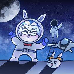 Rule 34 | &gt; &lt;, 1girl, 1other, :d, alternate costume, arms up, astronaut, astronaut (only up!), blue background, blue theme, blush, chibi, closed eyes, cloud, cloudy sky, commentary, creature, facing viewer, floating, full body, happy, helmet, highres, hololive, jabumo721, ladder, moon, pekomon (usada pekora), only up!, open mouth, outdoors, sky, smile, space, space helmet, spacecraft, spacesuit, standing, star (sky), starry sky, teeth, upper teeth only, usada pekora, virtual youtuber