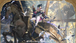 1boy bird bloodytongue666 blue_hair blue_shirt boots brant_(wuthering_waves) chinese_commentary cloud cloudy_sky commentary_request grey_sky hat highres holding holding_sword holding_weapon looking_ahead male_focus mask mask_on_belt outdoors pants parted_lips purple_eyes ship shirt short_hair sky smile solo sword tricorne watercraft weapon white_bird white_pants wuthering_waves