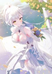 Rule 34 | 1girl, arms behind back, breasts, cleavage, commentary, dress, flower, highres, long hair, looking at viewer, medium breasts, official alternate costume, outdoors, ponytail, saki fuwa (tower of fantasy), smile, solo, symbol-only commentary, tower of fantasy, wedding, wedding dress, white dress, white hair, yampa, yellow eyes