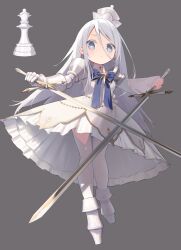 Rule 34 | 1girl, blue bow, blue bowtie, blue eyes, bow, bowtie, breasts, chess piece, cloneko (zelmeledf2), commentary, dress, dual wielding, full body, gauntlets, grey background, hair between eyes, highres, holding, holding sword, holding weapon, long sleeves, original, queen (chess), queen costume (chess), simple background, single gauntlet, sleeves past wrists, small breasts, solo, sword, thighhighs, weapon, white dress, white footwear, white headwear, white thighhighs