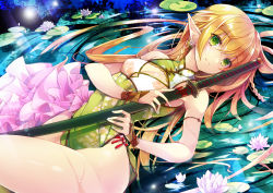 Rule 34 | 07touka25, armband, bare legs, bare shoulders, blonde hair, braid, breasts, china dress, chinese clothes, cleavage cutout, closed mouth, clothing cutout, dress, earrings, flower, flower earrings, flower print, green dress, green eyes, hair between eyes, highres, holding, holding sword, holding weapon, jewelry, katana, long hair, lotus, lying, multicolored clothes, multicolored dress, original, partially submerged, pointy ears, sheath, sheathed, small breasts, smile, sword, thighs, very long hair, water, weapon, wet, wrist guards