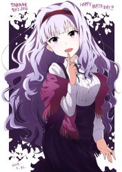 Rule 34 | 1girl, buttons, character name, collar, dress, finger to mouth, happy birthday, headband, highres, idolmaster, idolmaster (classic), long hair, long sleeves, open mouth, purple dress, red eyes, ribbon, shawl, shijou takane, sidelocks, silver hair, solo, timestamp