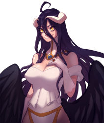 Rule 34 | 1girl, ahoge, albedo (overlord), bad id, bad pixiv id, bare shoulders, black hair, black wings, breasts, cleavage, demon girl, detached collar, dress, covered erect nipples, female focus, gloves, hair between eyes, hand on own chest, hip vent, horns, large breasts, long hair, low wings, overlord (maruyama), shanabi, smile, solo, very long hair, white dress, white gloves, wings, yellow eyes