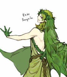 Rule 34 | 1boy, backless dress, backless outfit, belt, dress, gloves, green dress, green gloves, green hair, green veil, grin, hair ornament, head wreath, leaf hair ornament, lobotomy corporation, long hair, looking at viewer, nishikujic, parasite tree (project moon), personification, pointy ears, project moon, simple background, smile, solo, very long hair, white background
