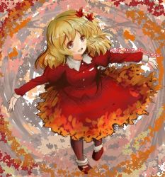 Rule 34 | 1girl, 2016, aki shizuha, autumn, autumn leaves, bad id, bad twitter id, blonde hair, dated, dress, full body, hair ornament, juliet sleeves, leaf hair ornament, long sleeves, one-hour drawing challenge, outstretched arms, pantyhose, puffy sleeves, red dress, shoes, smile, solo, standing, tikano, touhou