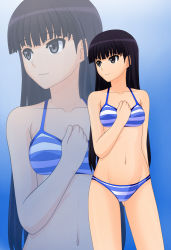 Rule 34 | 1girl, amagami, ayatsuji tsukasa, bare shoulders, bikini, black hair, gradient background, grey eyes, groin, hand on own chest, highres, kenken, long hair, navel, purple eyes, purple hair, simple background, smile, solo, standing, striped bikini, striped clothes, swimsuit, zoom layer