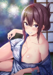 Rule 34 | 1girl, arima kouichi, blush, breasts, brown hair, cleavage, clothes lift, collarbone, commentary request, fireworks, floral print, hair between eyes, indoors, japanese clothes, kimono, kimono lift, large breasts, looking at viewer, lying, off shoulder, original, purple eyes, shiny skin, single bare shoulder, smile, solo, sweat, sweatdrop, thighs, tokkuri, yukata, yukata lift