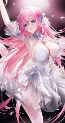 Rule 34 | 1girl, absurdres, alternate costume, arm strap, arm up, armpits, ballerina, ballet dress, bare shoulders, braid, breasts, cleavage, collarbone, commentary, covered navel, cowboy shot, detached sleeves, dorothy (nikke), dress, falling feathers, feathered wings, feathers, flower, frilled dress, frills, goddess of victory: nikke, hair between eyes, hair bun, hair intakes, hair ribbon, highres, large breasts, long hair, looking at viewer, pantyhose, parted lips, pink hair, purple eyes, purple ribbon, ribbon, rose, sidelocks, solo, standing, standing on one leg, strapless, strapless dress, tutu, very long hair, white dress, white flower, white pantyhose, white rose, wings, yoya yogurt