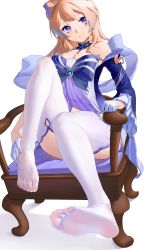 Rule 34 | 1girl, absurdres, bare shoulders, blue bow, blue hair, blush, bow, breasts, chair, cleavage, closed mouth, commentary request, detached collar, feet, foot focus, foreshortening, frilled sleeves, frills, full body, genshin impact, gradient hair, hair ornament, hand on own foot, head tilt, highres, large bow, long hair, long sleeves, looking at viewer, medium breasts, multicolored hair, off shoulder, on chair, orange hair, purple eyes, sangonomiya kokomi, simple background, sitting, smile, soles, solo, thighhighs, toes, vision (genshin impact), white background, white thighhighs, wow+