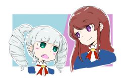 Rule 34 | aikatsu!, aikatsu! (series), blue background, blue jacket, braid, brown hair, closed mouth, commentary request, cropped torso, eye contact, fang, green eyes, grey hair, jacket, long hair, looking at another, nozo (hitomiz), open mouth, outline, purple background, purple eyes, shibuki ran, shirt, smile, todo yurika, twin braids, twintails, two-tone background, upper body, white background, white outline, white shirt