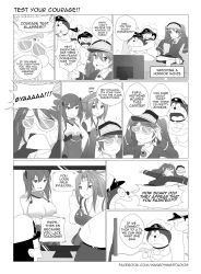 Rule 34 | 10s, 1boy, 3girls, :d, admiral (kancolle), alternate breast size, bell, collar, comic, commentary, crossover, doraemon, doraemon (character), english text, foaming at the mouth, food, glasses, greyscale, hat, headband, highres, kantai collection, magatama, military, military uniform, monochrome, multiple girls, naval uniform, neck bell, nobi nobita, non-human admiral (kancolle), open mouth, peaked cap, ponytail, ryuujou (kancolle), smile, taihou (kancolle), tears, translation request, twintails, unconscious, uniform, visor cap, wagashi, wangphing, zuihou (kancolle)