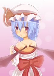 Rule 34 | 1girl, blue hair, blush, dress, pink eyes, remilia scarlet, ribbon, roro (sghona10), short hair, tagme, touhou, wings