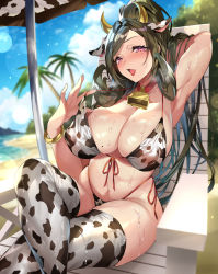 Rule 34 | 1girl, absurdres, animal ears, animal print, armpits, beach, beach chair, beach umbrella, bell, bikini, blue sky, blurry, blurry background, bow, bowtie, bracelet, breasts, brown hair, cloud, cloudy sky, collar, commentary request, cow ears, cow horns, cow print, cow print bikini, day, fake animal ears, hair ornament, highleg, highleg bikini, highres, horns, jewelry, large breasts, lips, long hair, looking at viewer, mole, mole on breast, mole under eye, navel, neck bell, open mouth, original, outdoors, palm leaf, palm tree, ponytail, print bikini, pulling own clothes, purple eyes, senri gan, shadow, shiny skin, sitting, sky, solo, stomach, sweat, sweatdrop, swimsuit, thighhighs, thighs, tree, umbrella, water