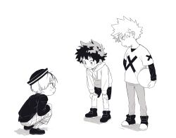 Rule 34 | 3boys, aged down, bakugou katsuki, ball, boku no hero academia, child, freckles, full body, greyscale, hands on own knees, hat, highres, holding, holding ball, hood, hood down, hoodie, jessiejjjj, layered sleeves, long sleeves, looking at another, male focus, midoriya izuku, monochrome, multiple boys, open mouth, pants, print shirt, shirt, shoes, short hair, short over long sleeves, short sleeves, shorts, simple background, spiked hair, squatting, standing, tears, todoroki shouto, white background