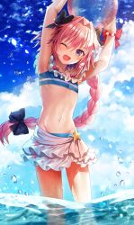 Rule 34 | 1boy, ;d, abandon ranka, armpits, arms up, astolfo (fate), astolfo (sparkling frills) (fate), ball, bikini, black bow, blue bikini, blue sky, bow, braid, cloud, day, fang, fate/extella, fate/extella link, fate/extra, fate (series), hair bow, highres, holding, holding ball, long hair, looking at viewer, male focus, navel, ocean, official alternate costume, one eye closed, open mouth, partially submerged, pink hair, purple eyes, red bow, single braid, sky, smile, solo, star (symbol), swimsuit, trap, wading, wrist bow