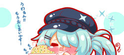 Rule 34 | &gt; &lt;, 1girl, absurdres, blue archive, blue hair, blue hat, blush stickers, cabbie hat, chibi, closed eyes, eating, hair ornament, hair over one eye, hairclip, halo, hat, highres, hiyori (blue archive), holding, holding spoon, kurukurumagical, open mouth, side ponytail, simple background, solo, spoon, tears, translation request, white background