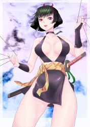 Rule 34 | 1girl, artist request, ass, bare legs, bare shoulders, black hair, bob cut, breasts, breasts apart, cleavage, curvy, dress, hairband, inuyasha, katana, large breasts, lips, lipstick, looking at viewer, makeup, no bra, no panties, red eyes, revealing clothes, sakasagami no yura, shiny clothes, shiny skin, short dress, simple background, sky, solo, sword, weapon, wide hips