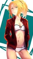 Rule 34 | 1girl, bandeau, blonde hair, bra, braid, breasts, cleavage, collarbone, contrapposto, cowboy shot, fate/grand order, fate (series), gluteal fold, green eyes, hands in pockets, head tilt, highres, i-pan, jacket, long hair, looking at viewer, mordred (fate), mordred (fate/apocrypha), mordred (memories at trifas) (fate), navel, panties, ponytail, scrunchie, sidelocks, small breasts, solo, standing, stomach, thighs, underwear