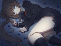 Rule 34 | 1girl, absurdres, black dress, black jacket, black socks, blue eyes, blurry, breast pocket, brown hair, closed mouth, collared dress, cropped jacket, cross tie, daito academy school uniform, dress, feet out of frame, grey background, hair intakes, highres, impossible clothes, impossible dress, jacket, kneehighs, layered sleeves, long sleeves, looking at hand, lying, magia record: mahou shoujo madoka magica gaiden, mahou shoujo madoka magica, necktie, on side, pocket, ponytail, red necktie, sad, satou naru, school uniform, short dress, short over long sleeves, short sleeves, sidelocks, socks, solo, yakumo mitama