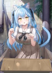 Rule 34 | 1girl, :o, absurdres, antenna hair, black neckerchief, black ribbon, blue hair, blush, box, breasts, brown dress, cat girl, cat tail, collarbone, collared shirt, crate, dress, hair between eyes, hair ribbon, heart antenna hair, highres, hololive, in box, in container, jewelry, lamppost, light particles, looking at viewer, medium breasts, nail polish, neckerchief, necklace, open mouth, outdoors, paw pose, plaid, plaid dress, pointy ears, ribbon, shirt, shirt under dress, short sleeves, tail, twintails, uehiro, virtual youtuber, yellow eyes, yukihana lamy, yukihana lamy (casual)