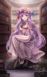 Rule 34 | 1girl, crescent, crescent hair ornament, crescent hat ornament, crescent pin, dress, embodiment of scarlet devil, hair ornament, hat, hat ornament, highres, long dress, long hair, looking at viewer, mob cap, namiki (remiter00), patchouli knowledge, purple eyes, purple hair, smile, solo, striped clothes, striped dress, touhou, vertical-striped clothes, vertical-striped dress, very long hair