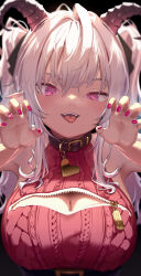 Rule 34 | 1girl, belt, black background, black ribbon, blush, breasts, claw pose, cleavage, cleavage cutout, clothing cutout, collar, fangs, hair between eyes, hair ribbon, highres, horns, large breasts, looking at viewer, nail polish, original, pink eyes, pink nails, pointy ears, red sweater, ribbed sweater, ribbon, romaji commentary, satsuki neko, simple background, sleeveless, sleeveless sweater, solo, sweater, tongue, tongue out, two side up, upper body, white hair, zipper