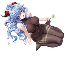 Rule 34 | 1girl, absurdres, alternate eye color, arm support, bare shoulders, blue eyes, blue hair, bodysuit, breasts, brown bodysuit, collarbone, commentary, covered navel, english commentary, flower, from above, full body, ganyu (genshin impact), genshin impact, goat horns, hair between eyes, highres, holding, holding flower, horns, large breasts, long hair, looking at viewer, open mouth, piukute062, qingxin flower, simple background, sitting, smile, solo, wariza, white background