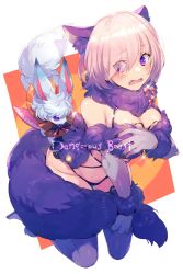 Rule 34 | 1girl, animal ears, bare shoulders, blush, bow, breasts, cleavage, echo (circa), elbow gloves, fate/grand order, fate (series), fou (fate), fur-trimmed gloves, fur-trimmed legwear, fur collar, fur trim, gloves, hair over one eye, lace, lace-trimmed legwear, lace trim, large breasts, light purple hair, looking back, mash kyrielight, mash kyrielight (dangerous beast), o-ring, official alternate costume, open mouth, purple eyes, purple gloves, purple legwear, revealing clothes, short hair, tail, wolf ears, wolf tail