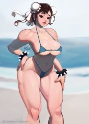 Rule 34 | 1girl, abs, beach, bikini, blue bikini, blurry, blurry background, bracelet, breasts, brown eyes, brown hair, bun cover, capcom, chun-li, cleavage, collarbone, contrapposto, crimson kaiserin, day, double bun, earrings, eyeshadow, hair bun, hair ribbon, hand on own hip, hand on own thigh, highleg, highleg bikini, highres, jewelry, large breasts, lips, looking at viewer, makeup, micro bikini, muscular, muscular female, navel, ocean, pink eyeshadow, red lips, ribbon, short hair, signature, solo, spaghetti strap, spiked bracelet, spikes, standing, street fighter, swimsuit, thick thighs, thighs, underboob, unfinished, white ribbon