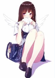 Rule 34 | 1girl, bag, bare legs, blunt bangs, blush, brown hair, caidychen, convenient leg, covering own mouth, full body, hat, legs together, loafers, long hair, miniskirt, plaid, plaid skirt, purple eyes, school uniform, shoes, simple background, sitting, skirt, solo, unworn hat, unworn headwear, white background, white hat