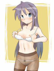Rule 34 | 00s, 1girl, bow, bow panties, bra, bra lift, breasts, brown pantyhose, crotch seam, hiiragi miki, lingerie, long hair, lucky star, mature female, nipples, panties, panties under pantyhose, pantyhose, purple hair, see-through, shing (sorairo factory), small breasts, solo, thighband pantyhose, underwear, underwear only, undressing
