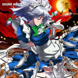 Rule 34 | 1girl, album cover, apron, bat (animal), bow, braid, cover, dagger, frilled thighhighs, frills, gloves, hair bow, hair ornament, izayoi sakuya, knife, looking at viewer, maid headdress, moon, open mouth, profile, puffy sleeves, red eyes, ribbon, scarlet devil mansion, shirt, short hair, short sleeves, silver hair, skirt, skirt set, solo, text focus, thighhighs, touhou, tsukimido, twin braids, waist apron, weapon, white gloves, white thighhighs, zettai ryouiki