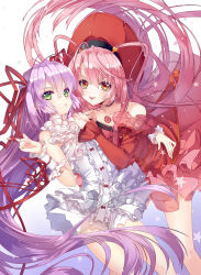 Rule 34 | 00s, 2girls, al azif, another blood, demonbane, detached sleeves, dress, floating hair, frilled dress, frilled sleeves, frills, green eyes, hair between eyes, hair ribbon, hands on another&#039;s shoulder, hat, highres, index finger raised, long hair, looking at viewer, multiple girls, open mouth, orange eyes, pink hair, purple hair, red dress, red hat, red ribbon, ribbon, short dress, sleeveless, sleeveless dress, star (symbol), tongue, tongue out, very long hair, wataru kuri, white dress, wrist cuffs