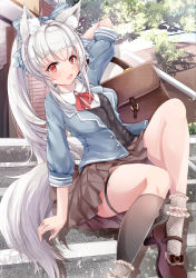 Rule 34 | 1girl, :d, animal ears, arm up, black socks, black vest, blue jacket, blush, bow, breasts, briefcase, brown footwear, brown skirt, collared shirt, commentary request, day, fang, feet out of frame, highres, jacket, kneehighs, long hair, looking at viewer, mary janes, mutang, open clothes, open jacket, open mouth, original, outdoors, pleated skirt, ponytail, puffy short sleeves, puffy sleeves, railing, red bow, red eyes, school briefcase, school uniform, shirt, shoes, short sleeves, silver hair, single kneehigh, single sock, sitting, sitting on stairs, skirt, small breasts, smile, socks, solo, stairs, stone stairs, tail, tree, very long hair, vest, white shirt, white socks, wolf ears, wolf girl, wolf tail